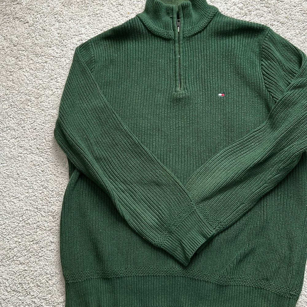 💯 cotton cable knit sweater with 1/4 zipper , green, size medium